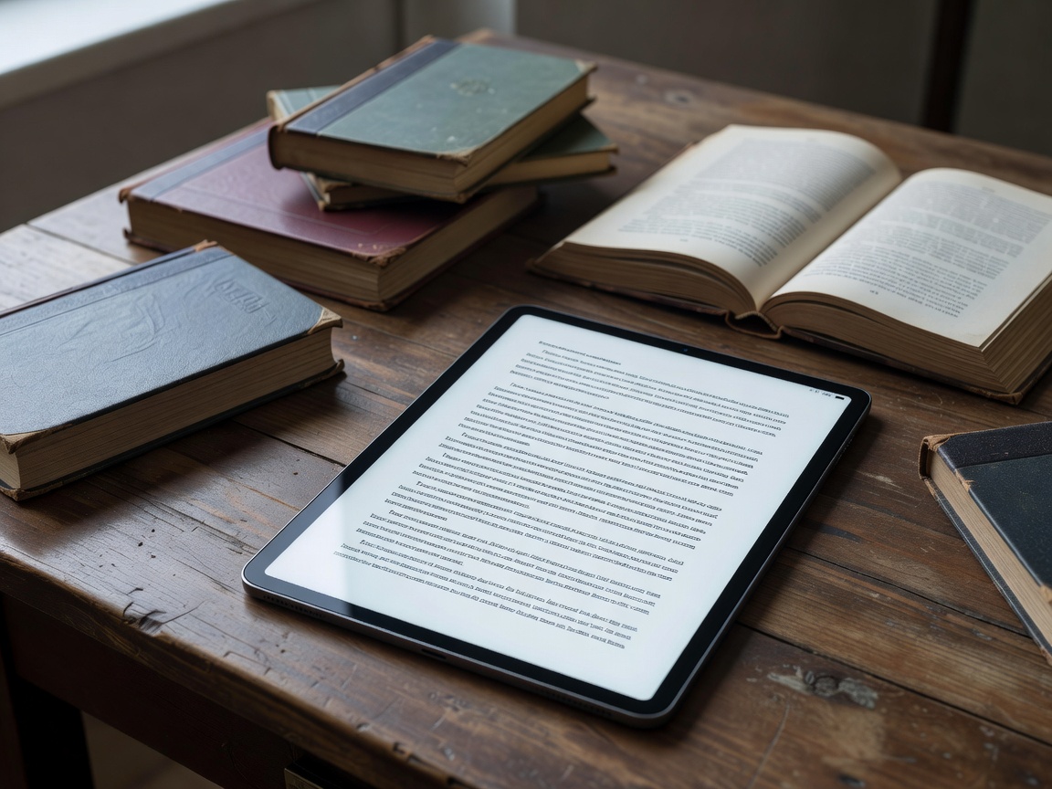 A digital tablet showing e-book text lying next to printed books