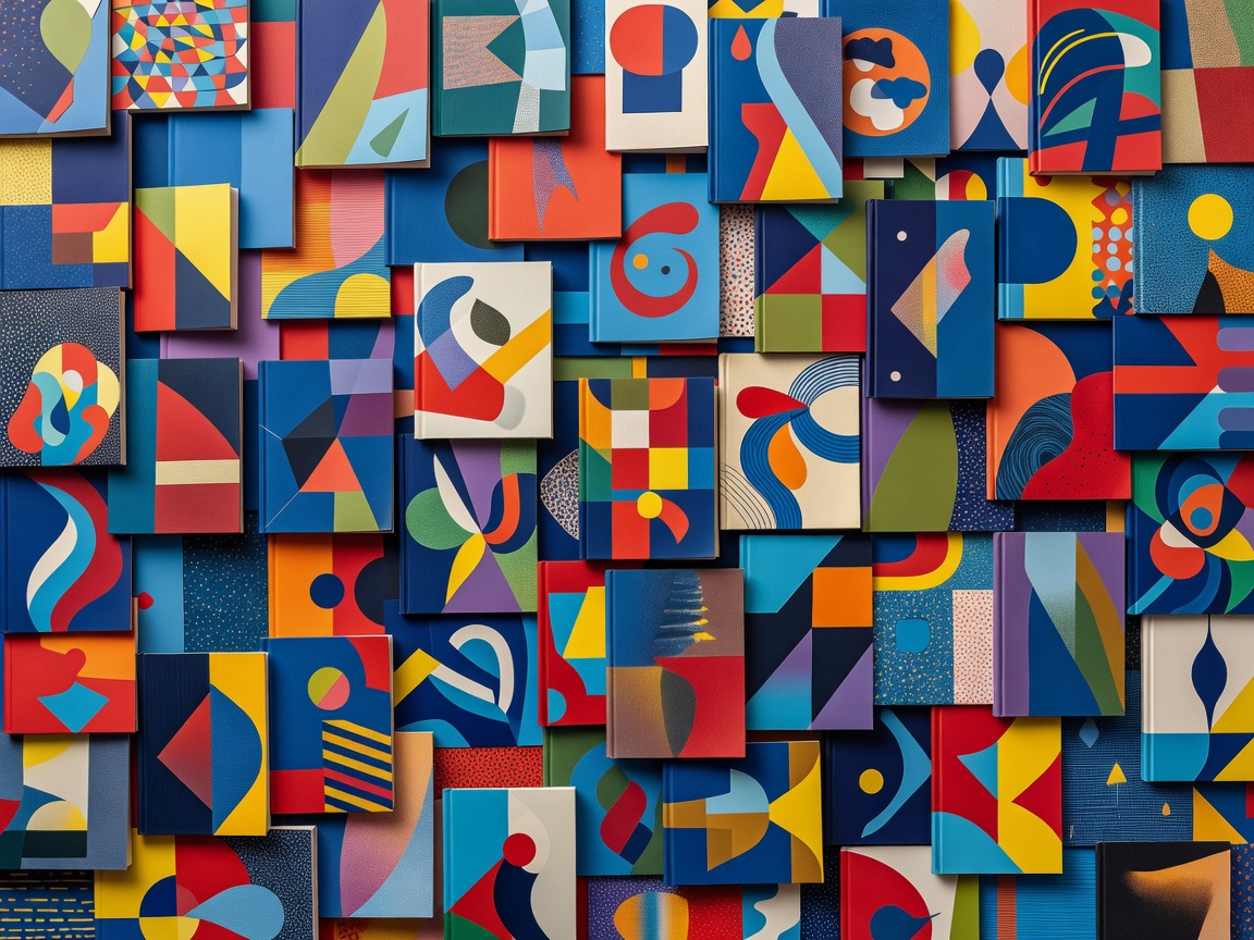 Abstract rendering of multiple book covers forming a collage