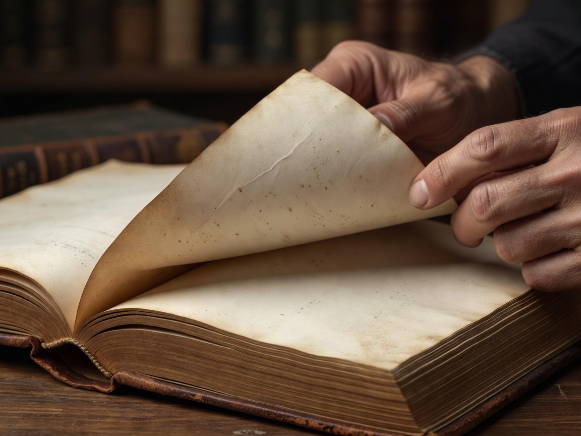 Close up of an antiquarian book page being turned carefully