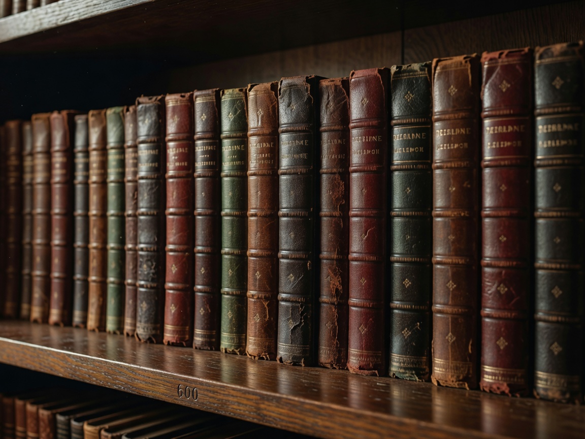 Row of vintage, leather-bound books on a wooden shelf